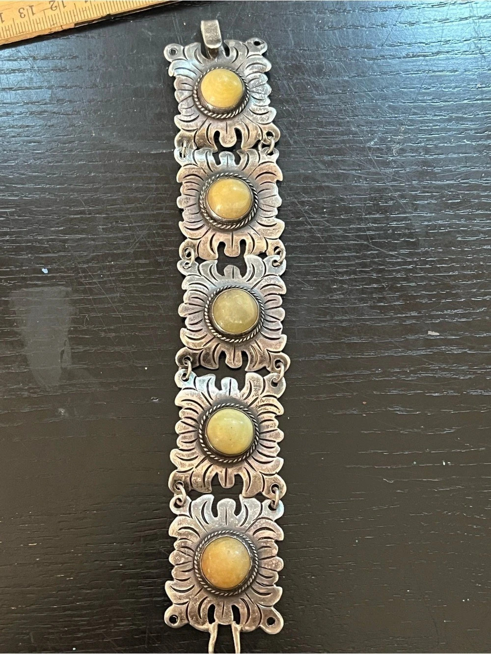 Mexico Silver Southwestern Stone Link Bracelet Mexico Sterling Silver Panel Link